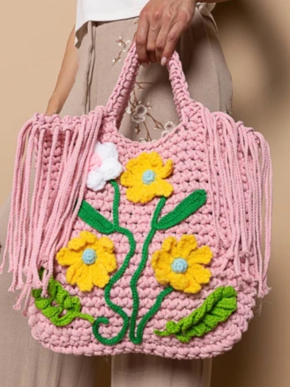 Pink POL Floral Crochet Tote Bag - Boho Handmade Style - Picture 6 of 6